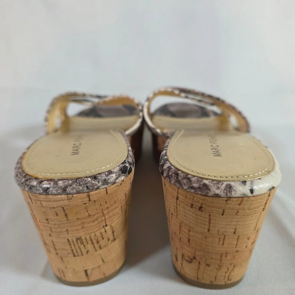 Marc‎ Fisher Womens 8 Snakeskin Print Cork Wedge Platform Slip-On Sandals